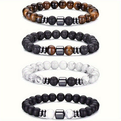 4pcs Men's Boho Bracelet - Tiger Eye & White Turquoise for Energy Protection & Daily Wear