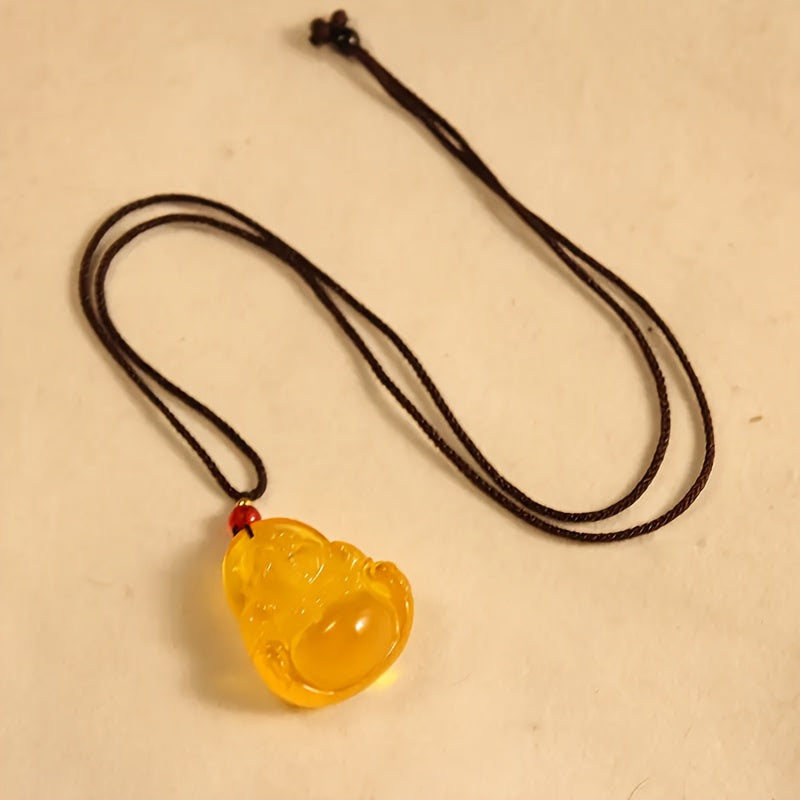 Golden Buddha Amber Necklace for Prosperity, Protection, and Spiritual Peace