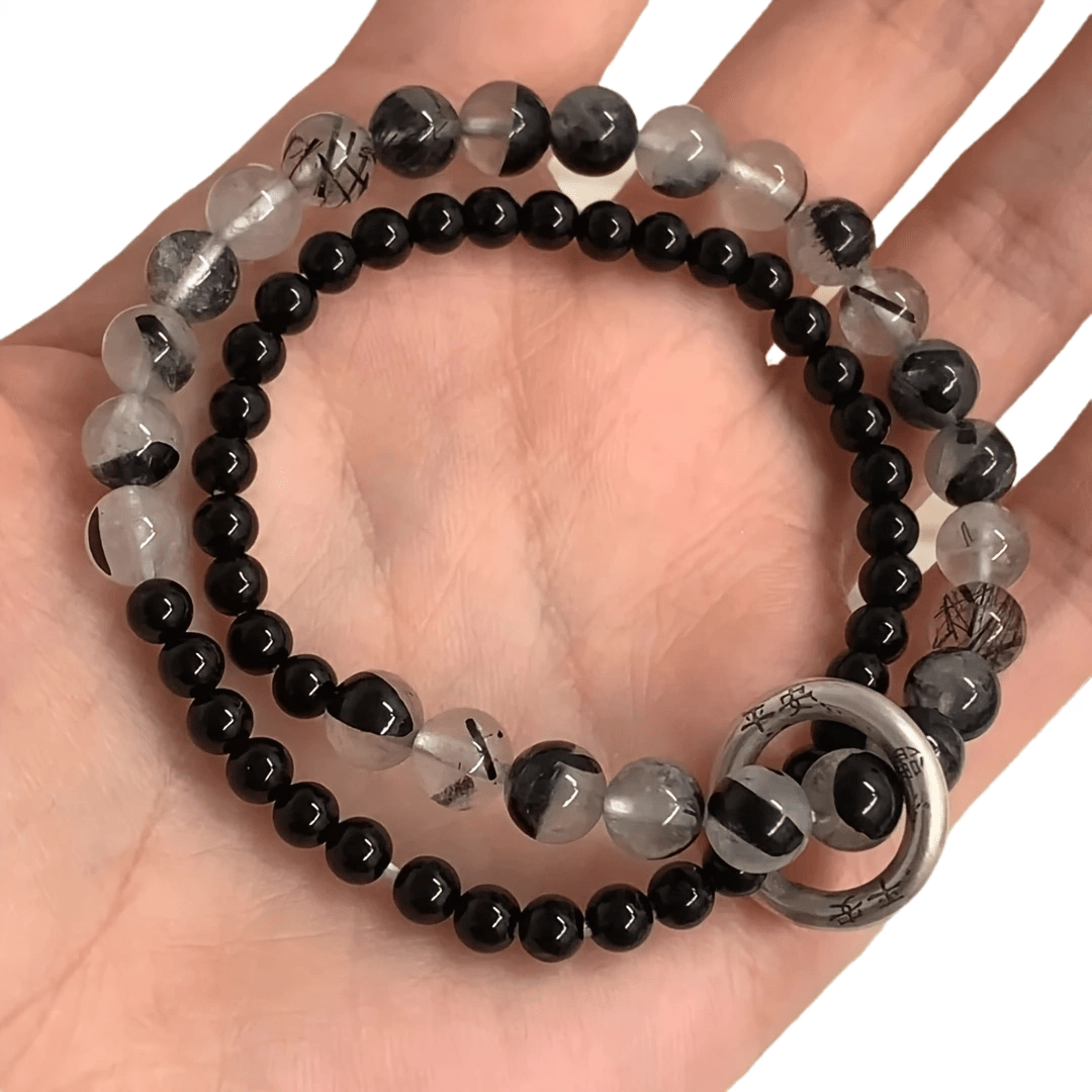 Chinese Style Double Ring Bracelet - Elegant Black & Clear Resin Beads with Silver Accents for Daily Wear & Gifting