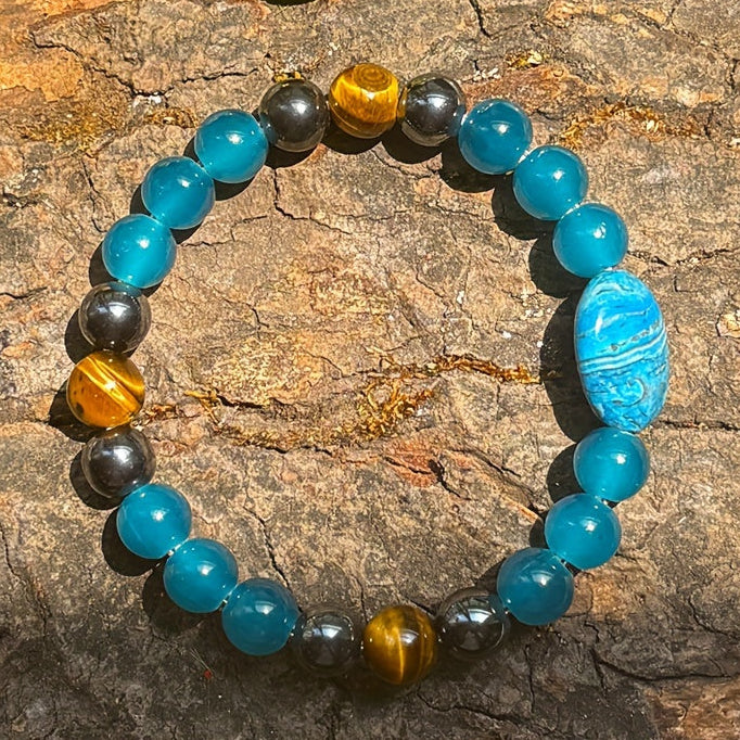 Blue Apatite & Tiger Eye Beaded Bracelet - Handmade Bohemian Style Meditation Jewelry for Spiritual Energy & Positive Vibes