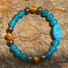 Blue Apatite & Tiger Eye Beaded Bracelet - Handmade Bohemian Style Meditation Jewelry for Spiritual Energy & Positive Vibes