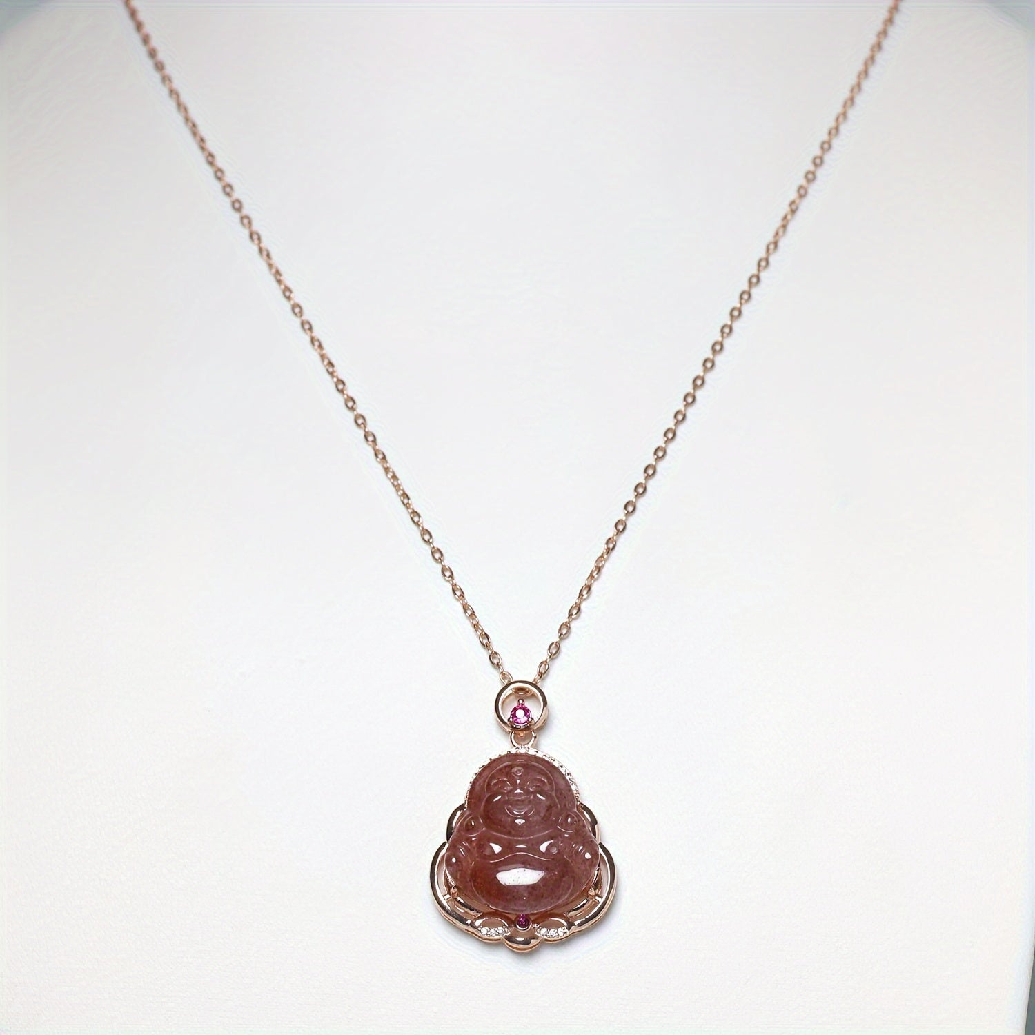 Natural Strawberry Crystal Laughing Buddha Pendant Necklace for Love, Abundance, and Positive Energy