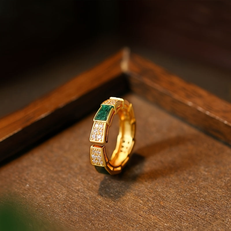 Copper Gold-Plated Ring with Green Synthetic Stone - Enhances Harmony & Prosperity  Minimalist Chic Jewelry