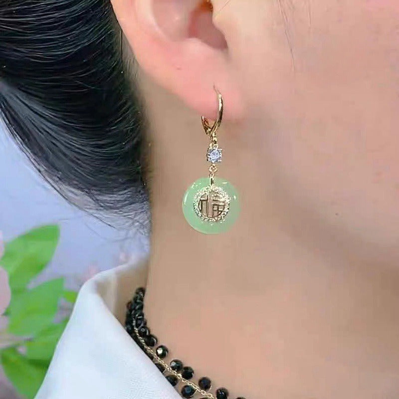 Versatile 'Fu' Character Earrings - Elegant Retro Design for Daily to Festive Wear - Natural Jade & Gold Accents for Harmony & Prosperity