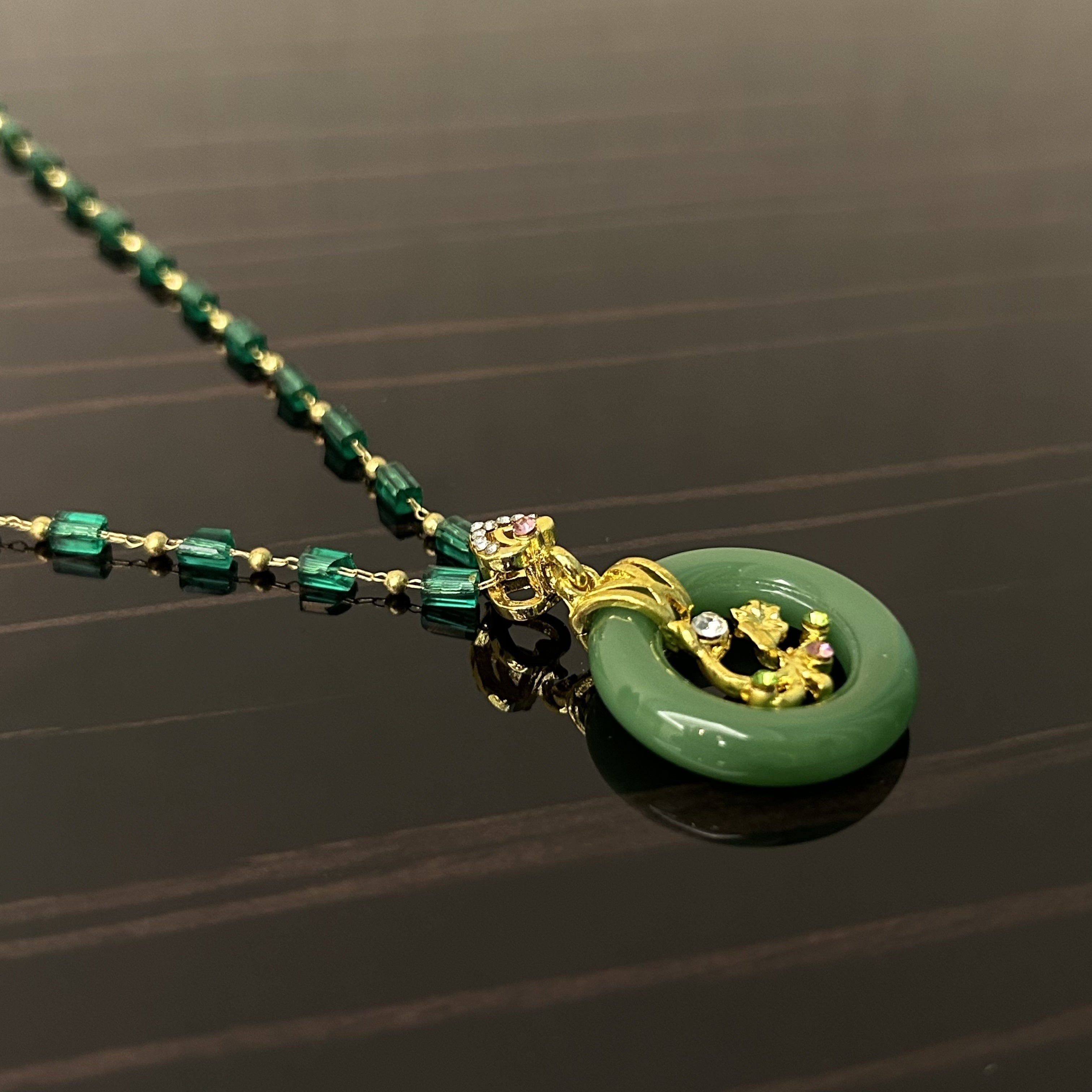 Luxury Lucky Green Circle & Golden Branch Necklace - Prosperity Amulet for Women