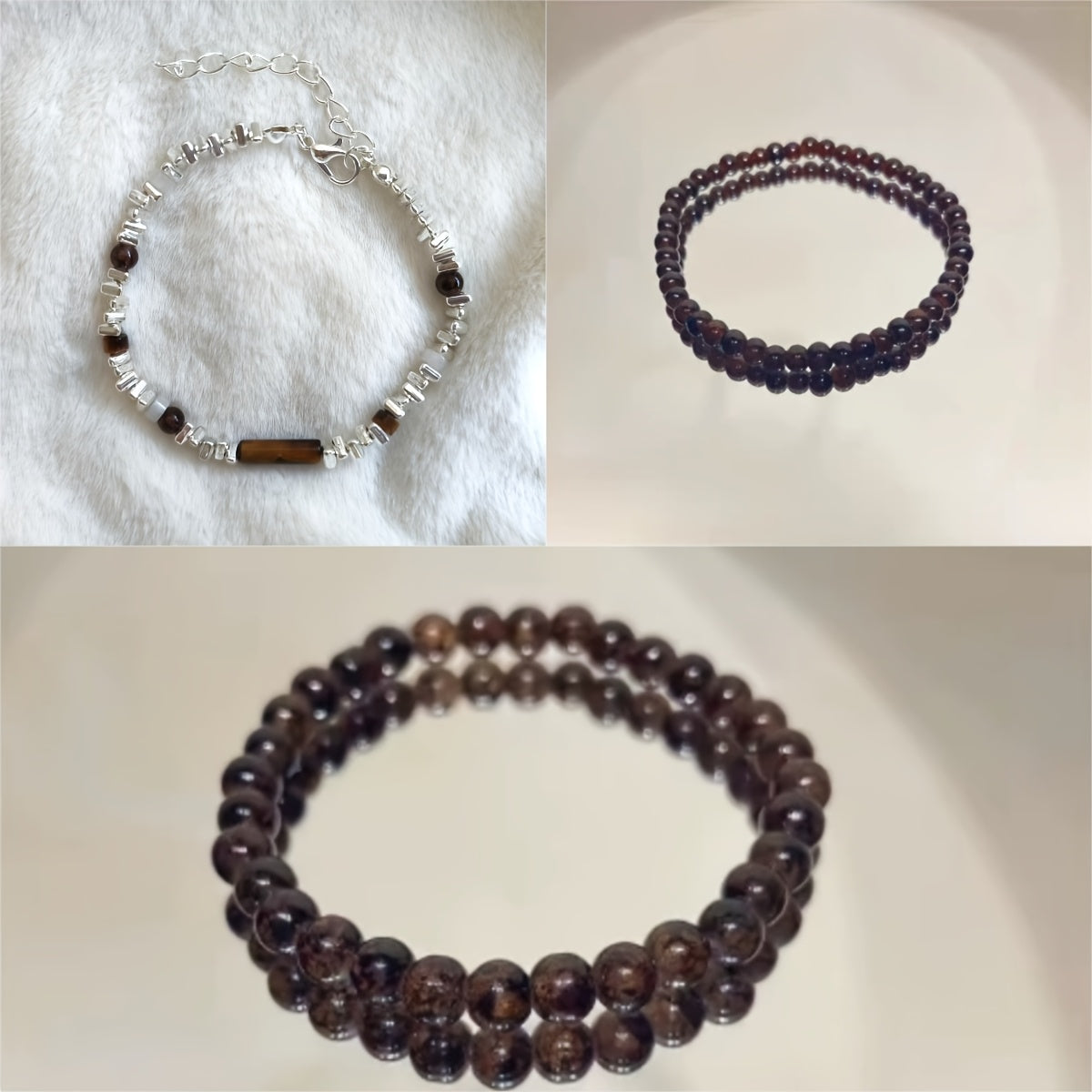 3pcs Vintage Silvery Tiger-Eye Bead Bracelets - Retro Chinese Style for Daily Wear & Energy Balance