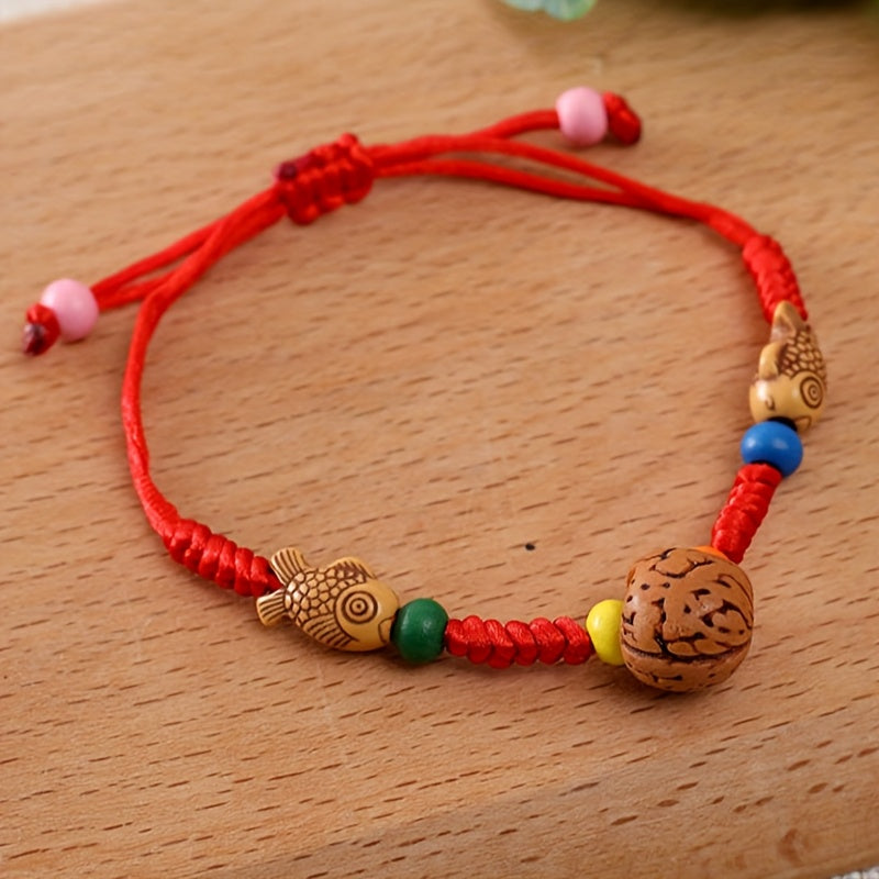 Handmade Red Rope Double Fish Energy Bracelet – Protection, Prosperity & Spiritual Harmony Jewelry with Beads