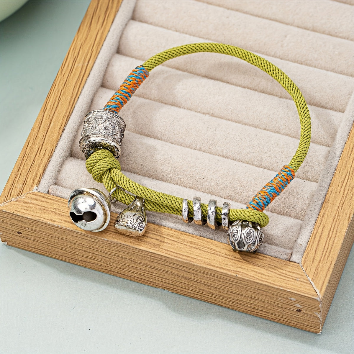 Vintage Ethnic Tibetan Mantra Bell Charm Bracelet - Antique Silver Finish for Spiritual Protection & Daily Wear