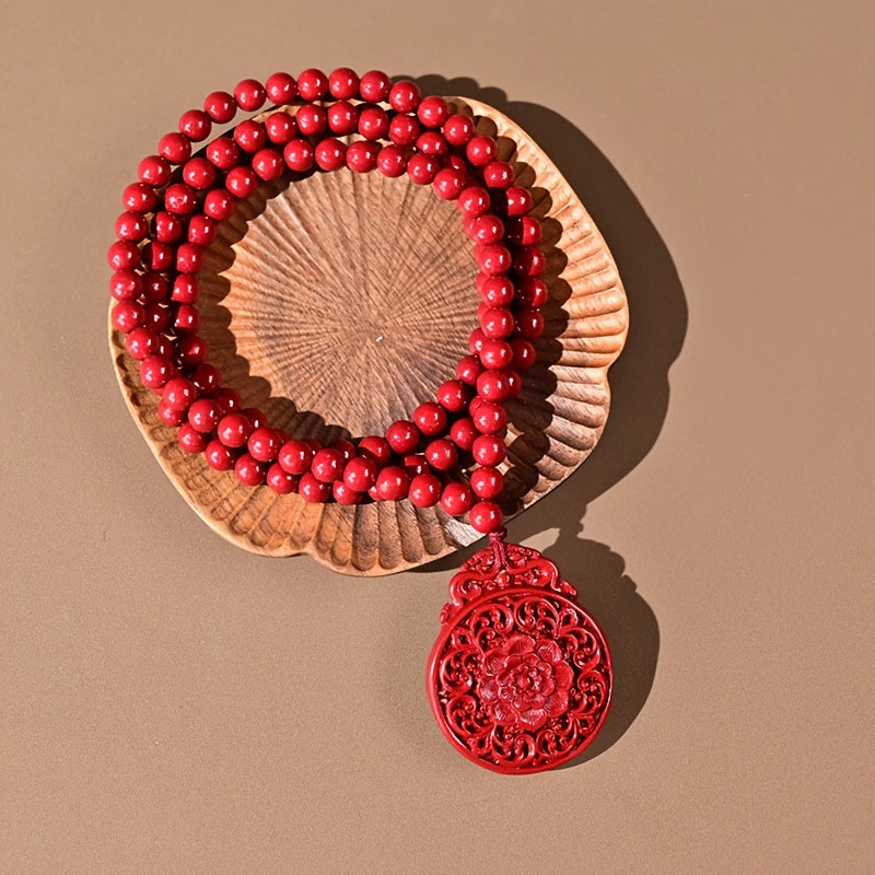 Men's Cinnabar Necklace with Eight Treasures Lotus Pendant for Protection, Luck & Spiritual Balance