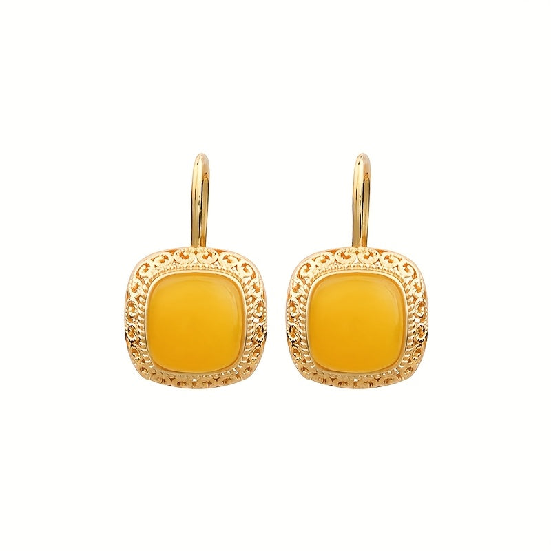 Golden Earrings with Square Yellow Jade - Noble Design for Daily Wear & Spiritual Energy