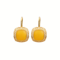Golden Earrings with Square Yellow Jade - Noble Design for Daily Wear & Spiritual Energy