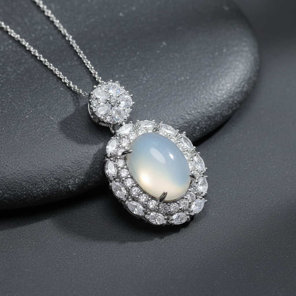 Elegant Oval Onyx Pendant with High Ice Agate Dove Egg Drop - Natural Stone Necklace for Women