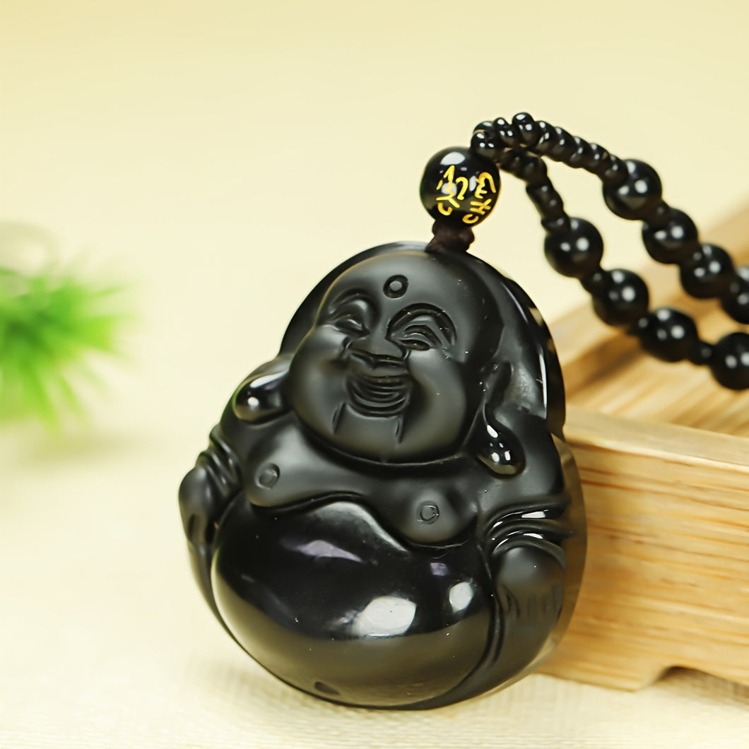 Men's Natural Obsidian Laughing Buddha Pendant Necklace for Protection, Joy, and Grounding