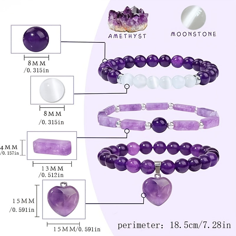 Avant-Garde Amethyst Heart Bracelets - Luxury Natural Stone Set for Parties & Graduation Gifting