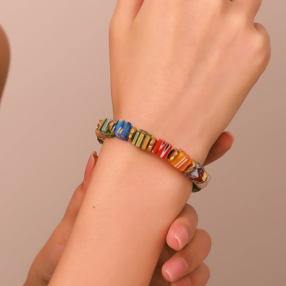 Murano Glass Dice Bead Bracelet — Colorful Harmony, Joy & Playful Spirit Charm