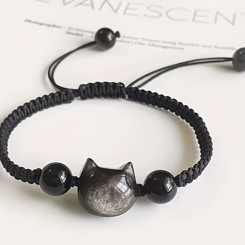 Adjustable Cat Charm Bracelet - Black & Red Beads with Pink Crystal for Harmony Energy