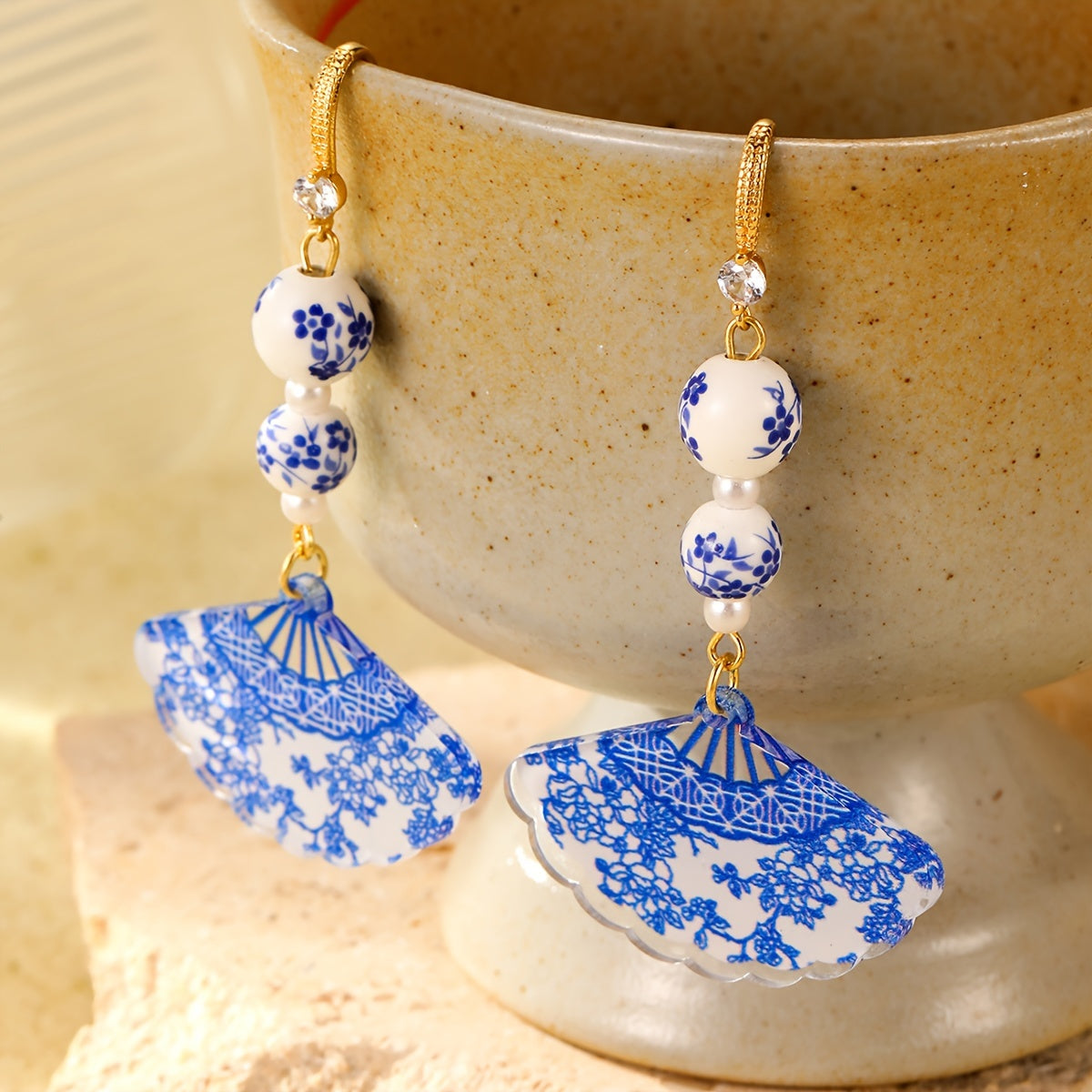 Vintage Blue & White Porcelain Fan Earrings - 925 Silver Posts for Harmony & Casual Elegance