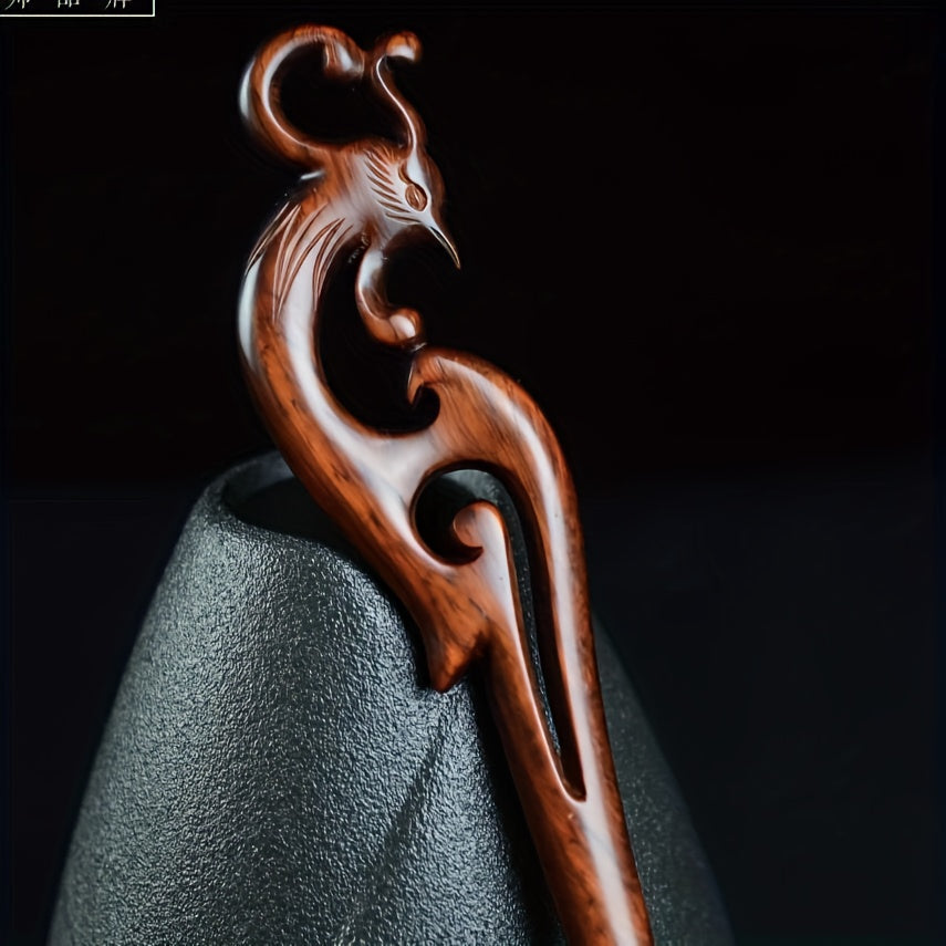 Hand-Carved Red Sandalwood Phoenix Hairpin - Elegant Vintage Hair Accessory for Harmony & Prosperity