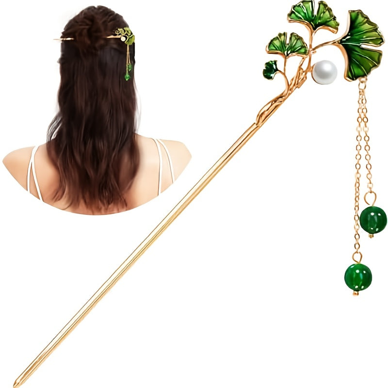 Elegant 14K Copper Plated Hairpin with Ginkgo Biloba & Emerald Beads - 6.69 Inch Handcrafted Hair Accessory for Women, Perfect for Weddings & Formal Events - Harmony Energy Talisman