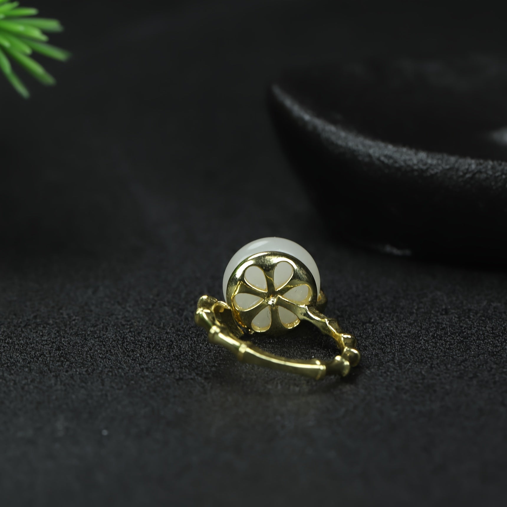 Elegant White Jade Court Ring with Gold Flower Prosperity, Protection, and Spiritual Harmony