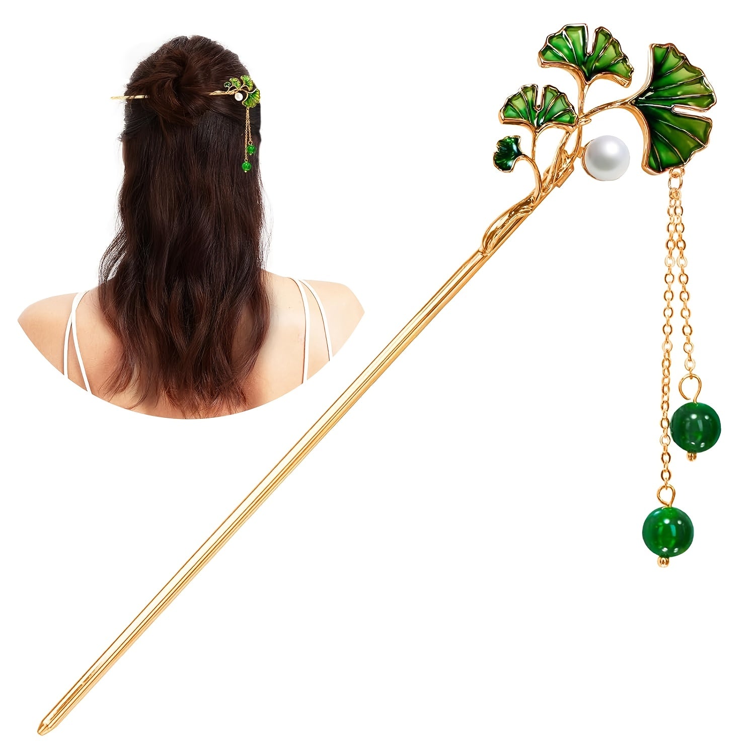 Elegant 14K Copper Plated Hairpin with Ginkgo Biloba & Emerald Beads - 6.69 Inch Handcrafted Hair Accessory for Women, Perfect for Weddings & Formal Events - Harmony Energy Talisman
