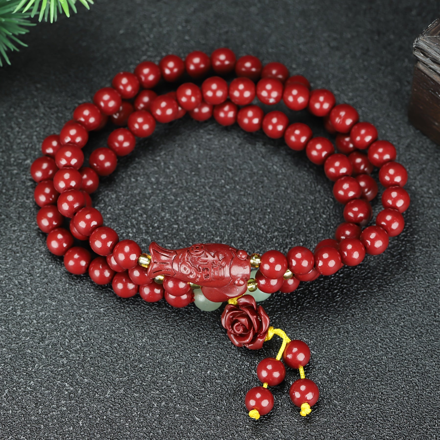 Red Cinnabar Beaded Bracelet for Women with Rose Charm | Grounding & Spiritual Protection