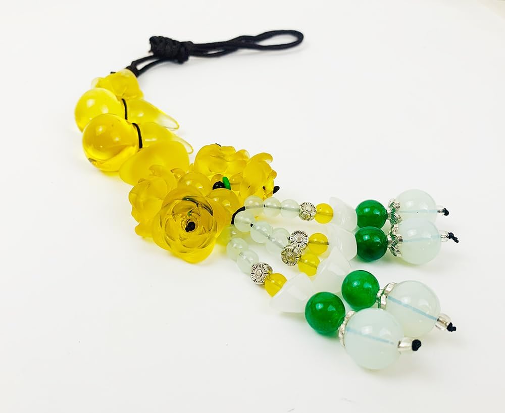 Golden Lotus Gourd  Car Blessing Charm   Feng Shui Safe Travels Amulet Lotus Gourd Jade Buckle Dangling Rearview Mirror Charms Amulet Pray for Luck Safety (Yellow)