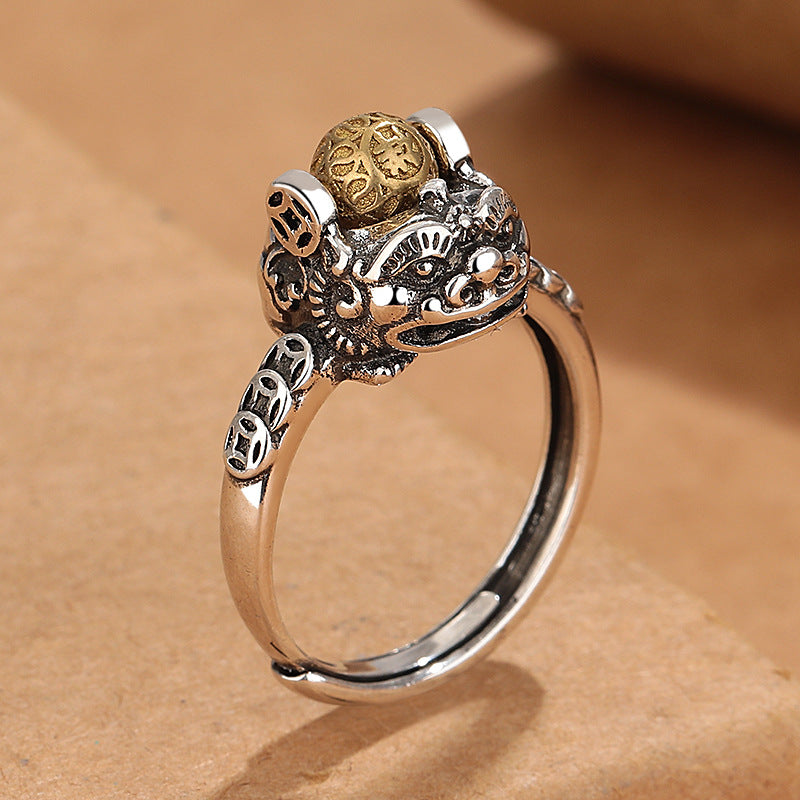 Women's & Men's Chinese Pi Xiu Lucky Charm Ring - Enhance Wealth & Protection with White Golden Plated Design