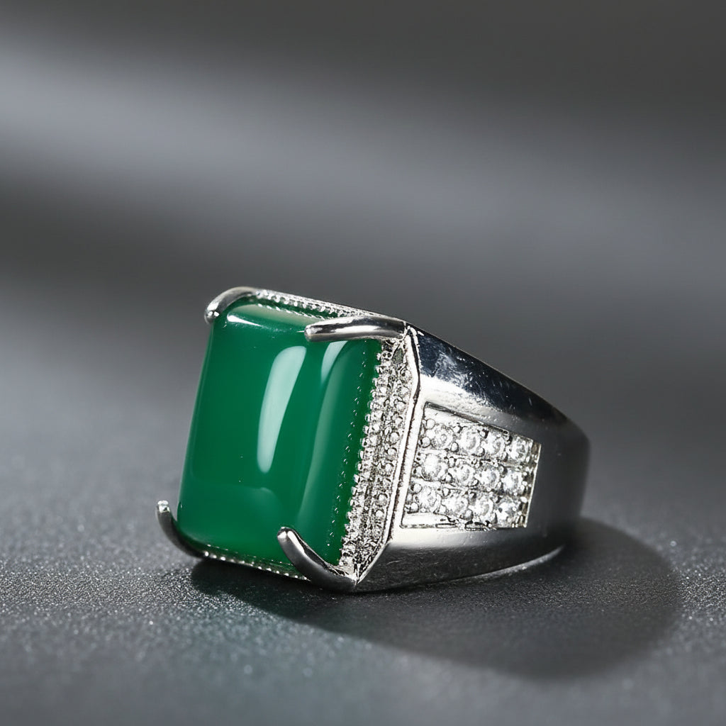 Vintage-Inspired Men's Green Agate Ring | Adjustable Square Statement Piece for Grounding & Prosperity
