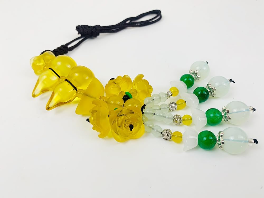 Golden Lotus Gourd  Car Blessing Charm   Feng Shui Safe Travels Amulet Lotus Gourd Jade Buckle Dangling Rearview Mirror Charms Amulet Pray for Luck Safety (Yellow)
