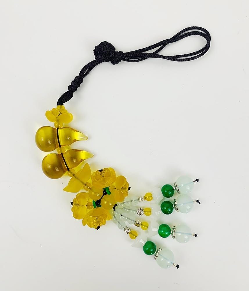 Golden Lotus Gourd  Car Blessing Charm   Feng Shui Safe Travels Amulet Lotus Gourd Jade Buckle Dangling Rearview Mirror Charms Amulet Pray for Luck Safety (Yellow)
