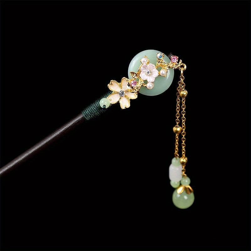 1pc Vintage Japanese Hair Stick with Floral Chain - Elegant Hairpin for Weddings & Cosplay with Teardrop Accents & Alloy Construction