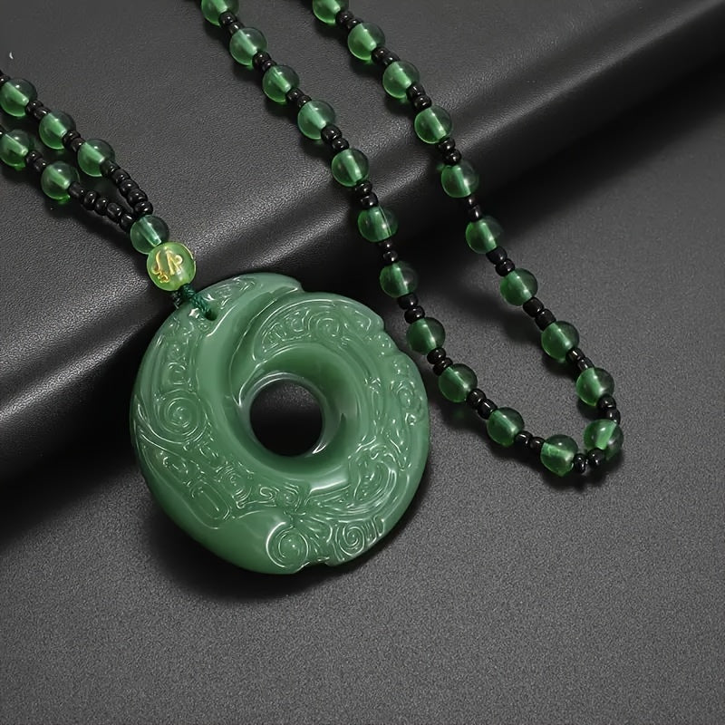 Elegant Green Crescent Moon Pendant Necklace - Unisex Amulet for Prosperity & Protection
