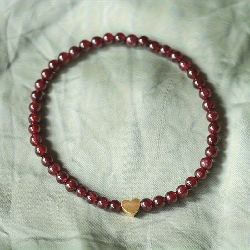 Red Garnet Bead Bracelet with Golden Heart Charm - Lucky Jewelry for Daily Elegance & Spiritual Harmony