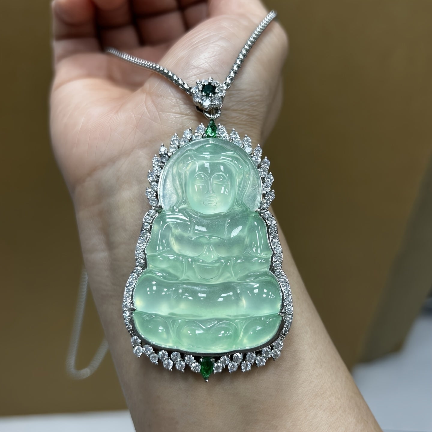 Elegant Icy Green Aquamarine Guanyin Pendant for Serenity, Healing & Spiritual Protection