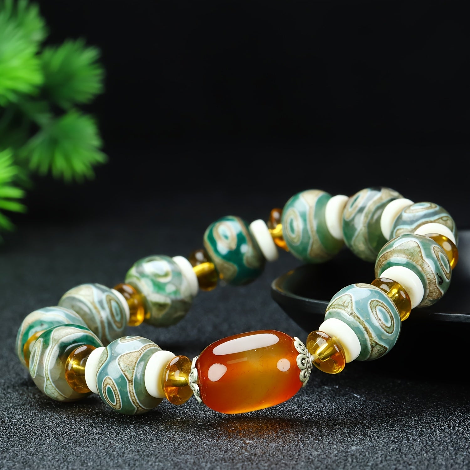Tibetan Three-Eye Dzi Agate Bead Bracelet for Spiritual Protection, Inner Peace, and Positive Energy