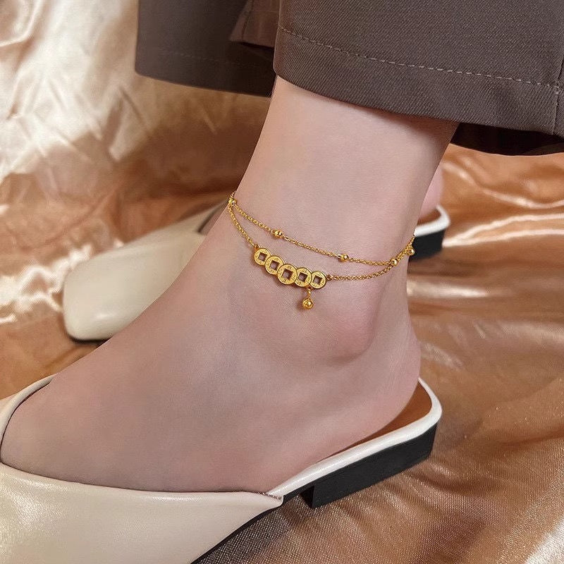 Vintage Asian-Inspired Lucky Foot Chain - Golden Copper Coin Pendant for Good Luck Energy