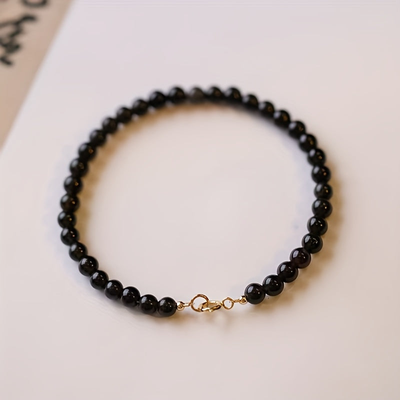 Ultra-Smooth Black Obsidian Bead Bracelet - Minimalist Retro Design for Daily Wear & Gifting