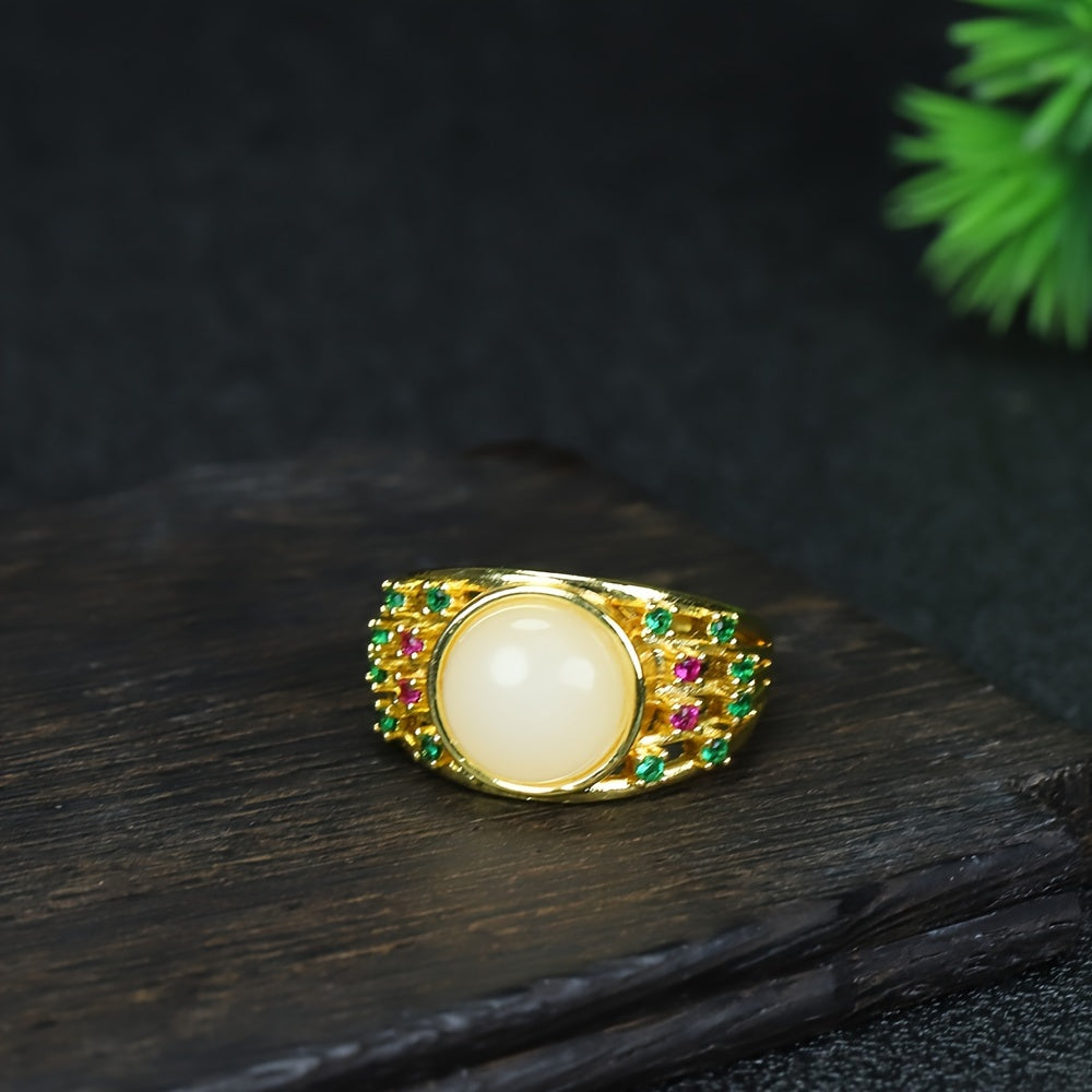 Vintage-Inspired Men's Ring with White Jade Stone for Wisdom, Prosperity, and Energetic Protection