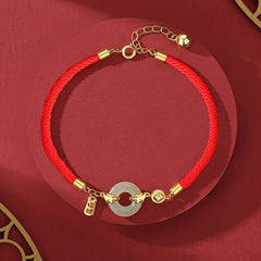 Red Lucky Rope Bracelet with Jade Pi Disc & Gold Accents — Protection, Prosperity & Heart-Calming Energy