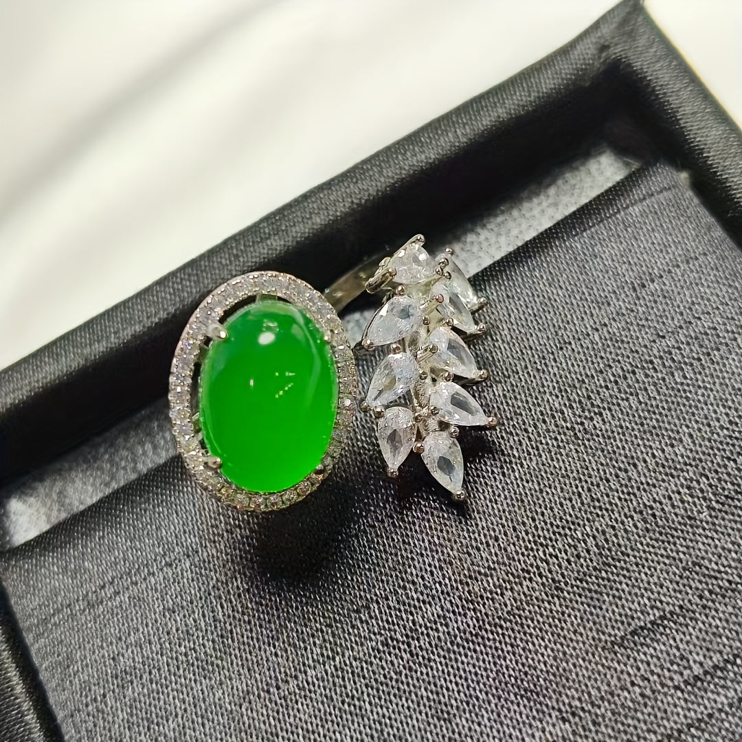 Elegant Emerald Green Agate Ring with Leaf Design for Balance & Vitality Women's Fashion Jewelry