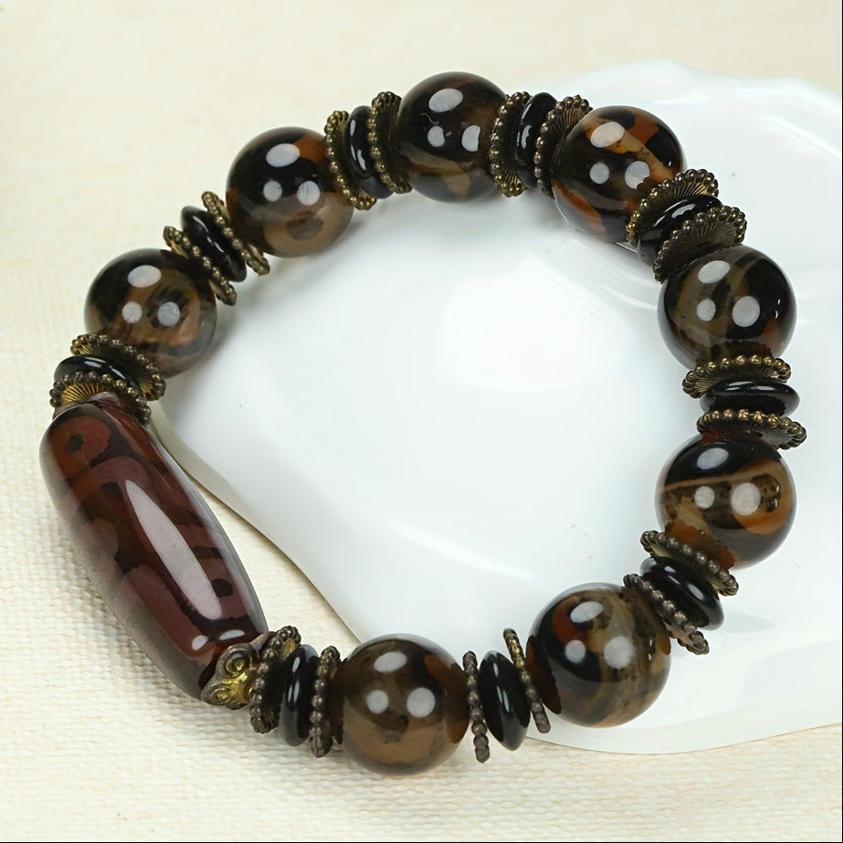 Vintage Agate Bracelet with 3D Dzi Beads for Grounding, Protection, and Spiritual Energy