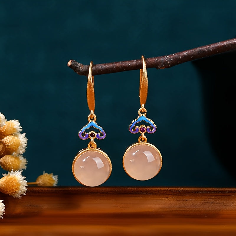 Vintage Chinese 24K Golden Plated Pink Glass Dangle Earrings for Harmony Energy