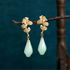 Gold-plated Ginkgo Leaf Dangle Earrings with Pearl & Imitation Jade - Harmony & Prosperity Energy for Daily Wear