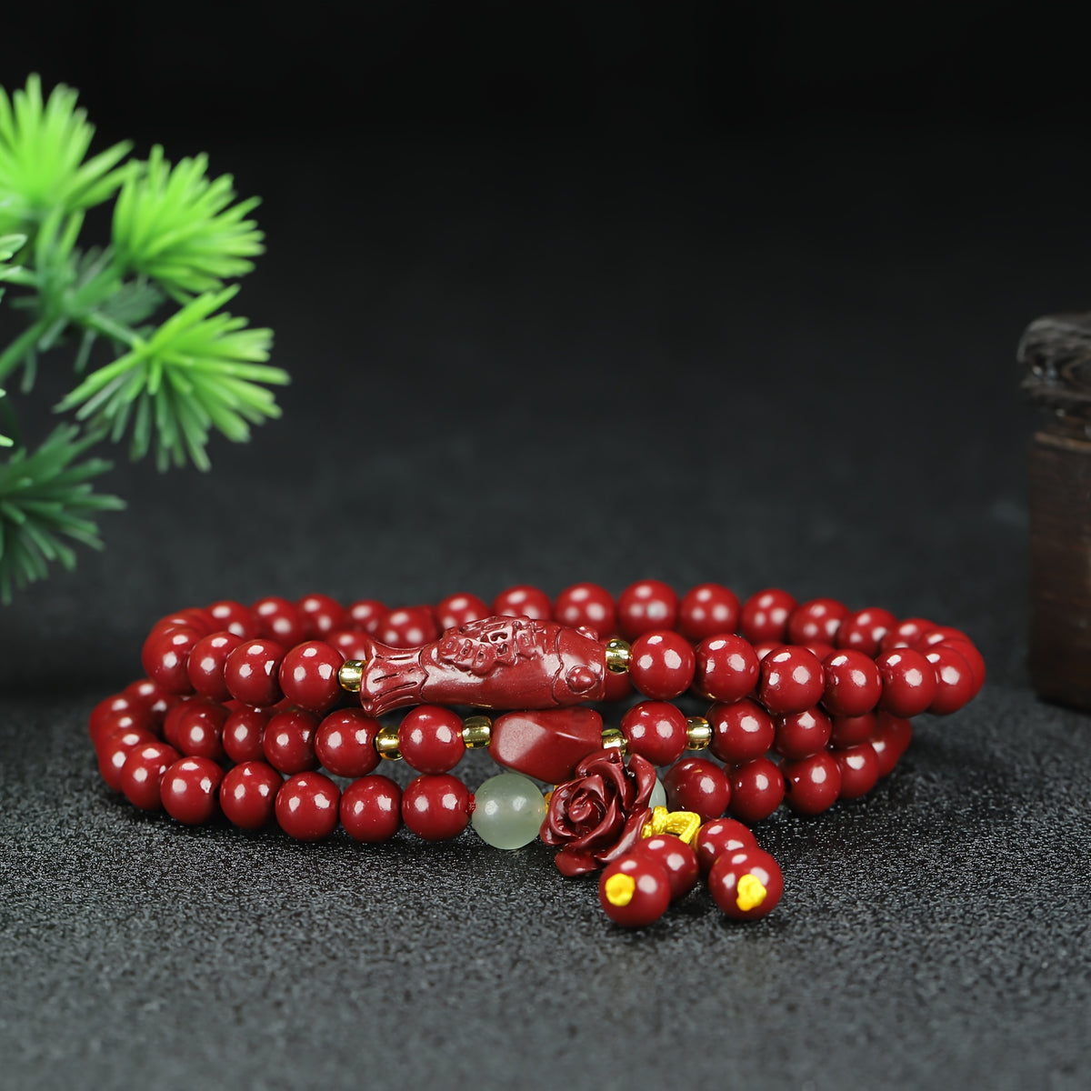 Red Cinnabar Beaded Bracelet for Women with Rose Charm | Grounding & Spiritual Protection