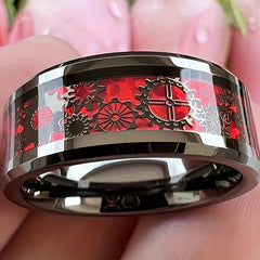 Bold Red Mechanical Punk Gear Ring - Stainless Steel Men's Fashion Statement for Energy & Style