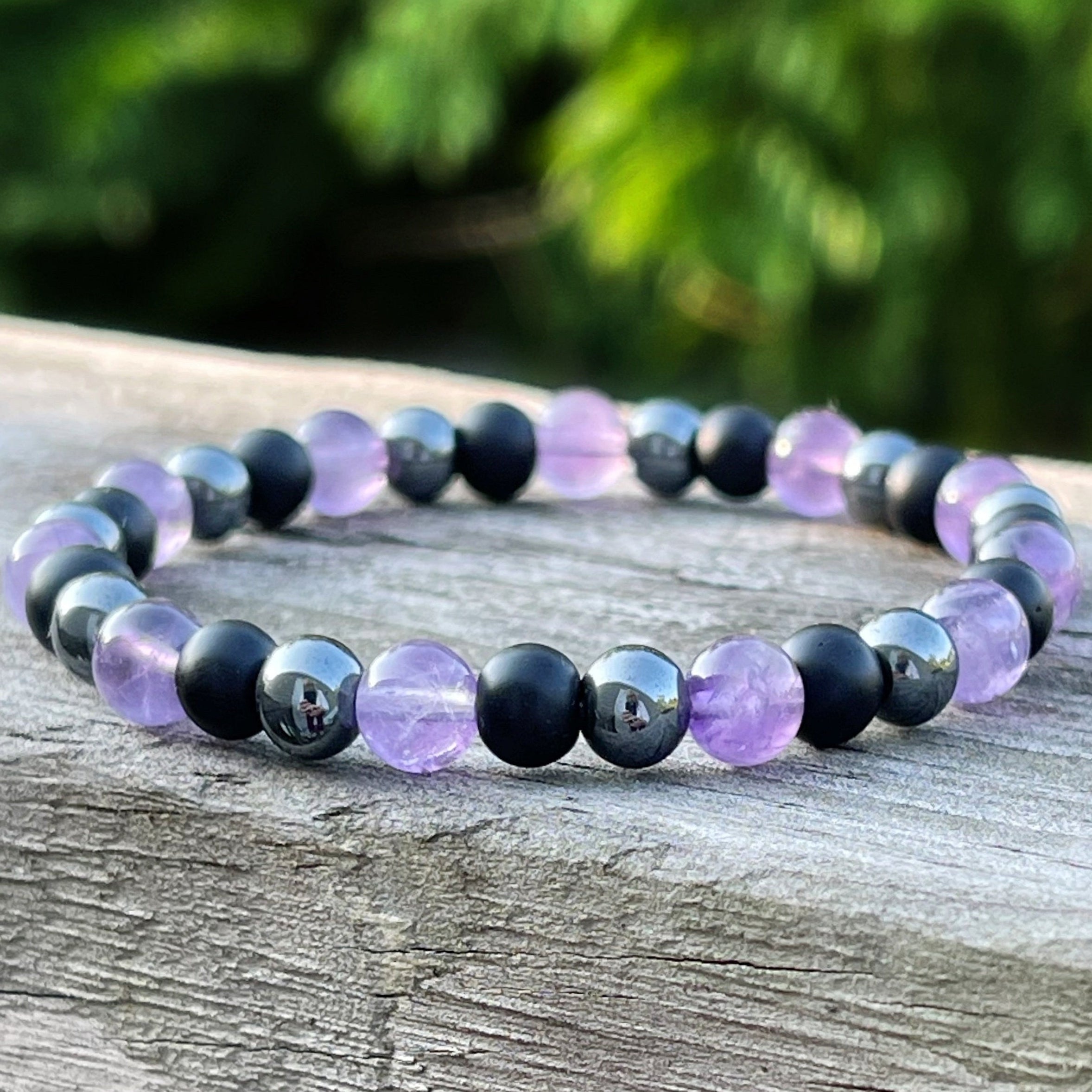 Grounding Protection Amethyst Hematite Bracelet - Spiritual Energy & Luck for Yoga Meditation