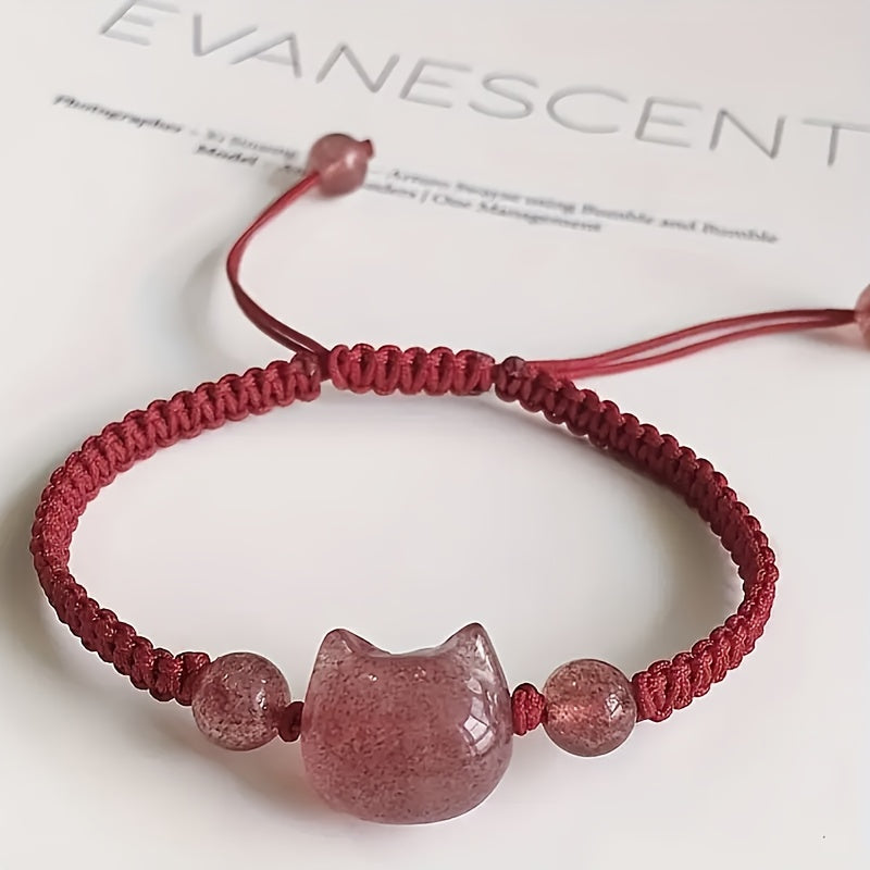 Adjustable Cat Charm Bracelet - Black & Red Beads with Pink Crystal for Harmony Energy