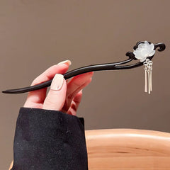 Chinese Lotus Hairpin with Black/Brown Fringe Tassel & White Lotus Flower - Elegant Traditional Hair Stick for Weddings & Prom - Vintage Asian Hair Accessories