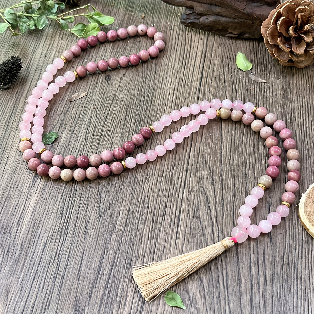 Rose Quartz & Rhodonite Mala Necklace — A String of Pauses for the Overthinking Mind